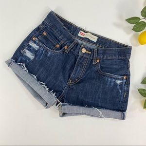 Levi's 514 Distressed Cutoff Jean Shorts Dark Wash 26 Lightweight Denim Red Tab